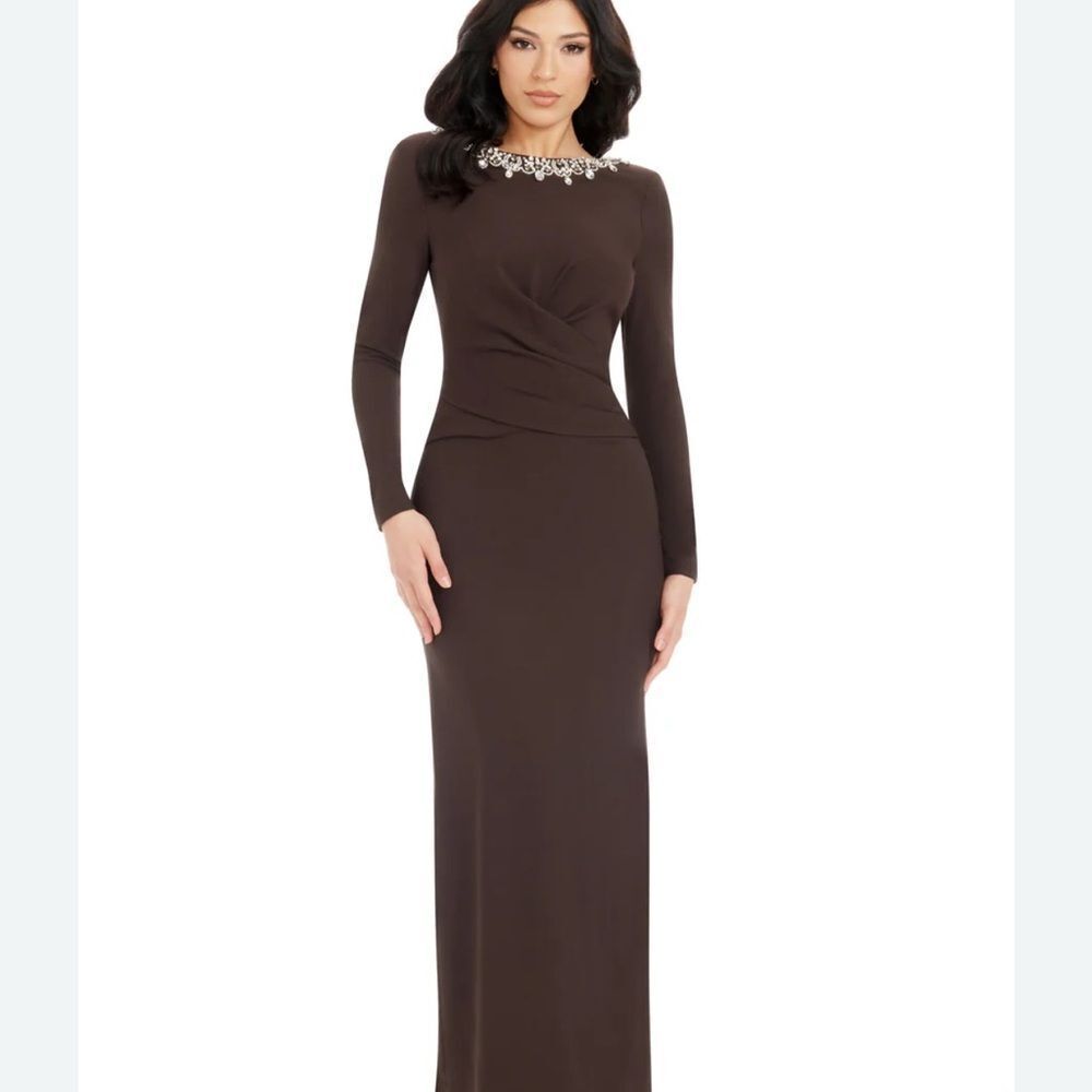 Dress the Population Brown Embellished Long Sleeve Gown